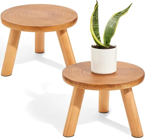 Vista 7 de Yangbaga 2 piezas Soporte de Exhibición de Taburete de Madera, Soporte Redondo para Plantas de 8.46 Pulgadas, Soportes de Maceta de Madera-Flor