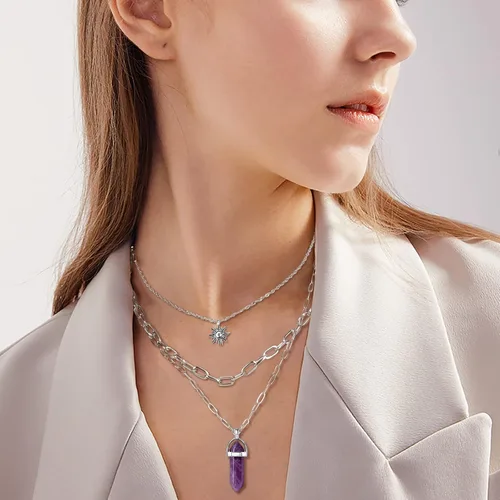 Vista 2 de MJartoria Collar de pentagrama de luna, collar de chakra de cristal, colgante, con dije, cadena de aleación multicapa, conjunto de gargantilla