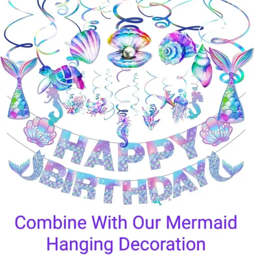 Vista 6 de Cartel de cumpleaños de sirena – Cartel de sirenas, decoración de cumpleaños de sirena para niñas, niños, niños, suministros de fiesta de sirenas