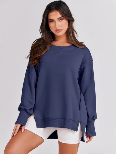 Vista 2 de ANRABESS Sudadera de gran tamaño para mujer, cuello redondo, manga larga, casual, con abertura, sin botones, ropa de otoño