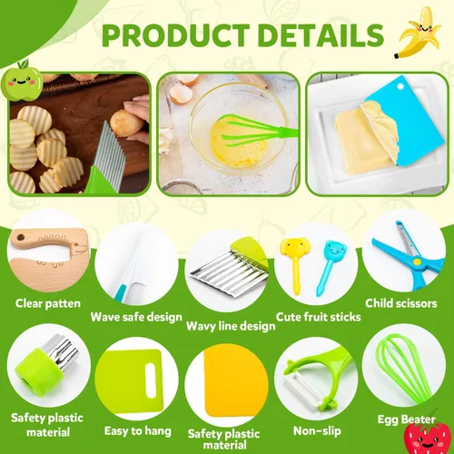 Vista 4 de Labeol Juego de 32 herramientas de cocina Montessori para niños pequeños, juegos de cocina seguros para niños y niñas, juego de cuchillos de cocina