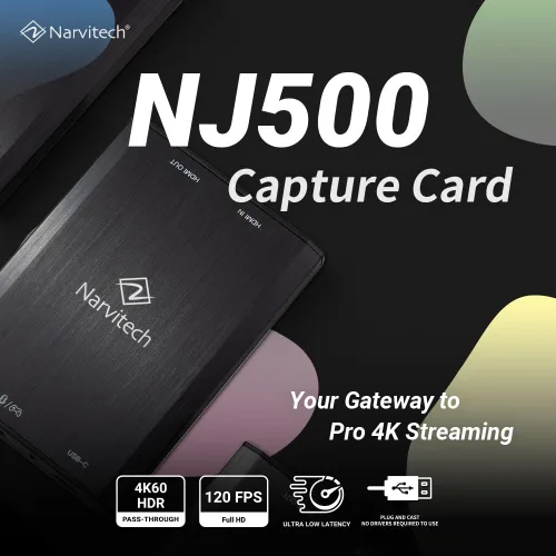Vista 2 de Narvitech Tarjeta de captura HDMI NJ500 - 4K60 HDR, 2K144, 1080P240 Passthrough, grabación 4K30, latencia ultrabaja, para PS5, Xbox Series X S