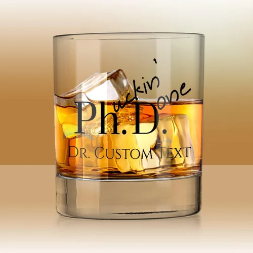 Vista 3 de Regalos personalizados de graduación de doctorado – Phuckin Done – Cristalería personalizada – Vaso de whisky divertido – Regalo perfecto