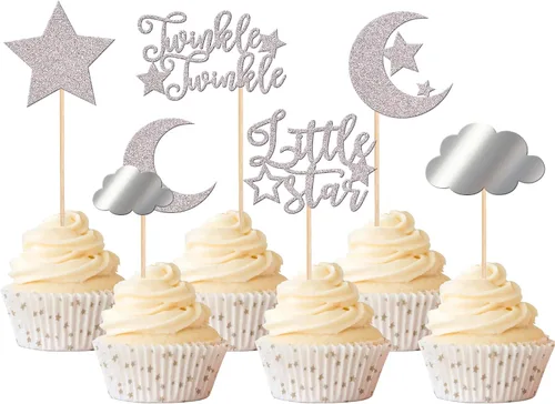 Vista 10 de Rsstarxi Paquete de 36 adornos para cupcakes con purpurina de luna, nubes y nubes, para baby shower, cumpleaños, boda, fiesta, suministros de Diseño