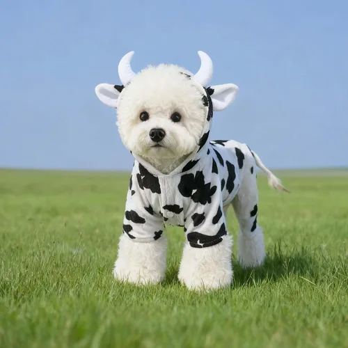 Vista 2 de FLAdorepet Disfraz de vaca para perro de Halloween para perro pequeño, mediano y grande, chaqueta de forro polar de invierno, abrigo con capucha