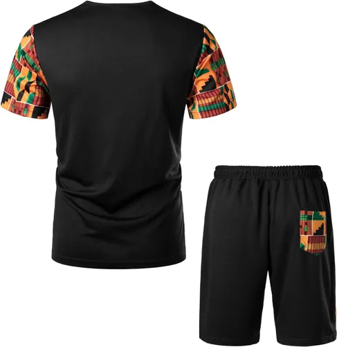 Vista 2 de LucMatton Conjunto de camiseta y pantalones cortos con estampado africano de verano para hombre, 2 piezas, conjunto deportivo de malla, trajes