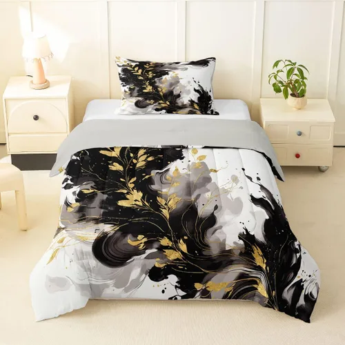 Vista 25 de Feelyou Juego de edredón abstracto para todas las estaciones, juego de ropa de cama negro y azul con 1 funda de almohada con estampado de mármol