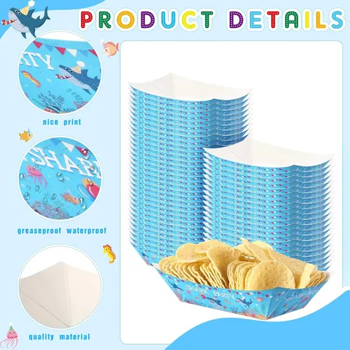 Vista 3 de Gejoy Juego de 100 piezas de suministros de fiesta de tiburón, papel desechable, aperitivos, decoraciones de cumpleaños, bandejas para servir comida