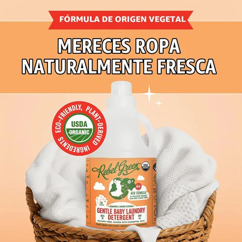 Vista 2 de Rebel Green Detergente orgánico para ropa para bebé, jabón natural para ropa, detergente líquido para ropa, detergente suave para ropa, aroma