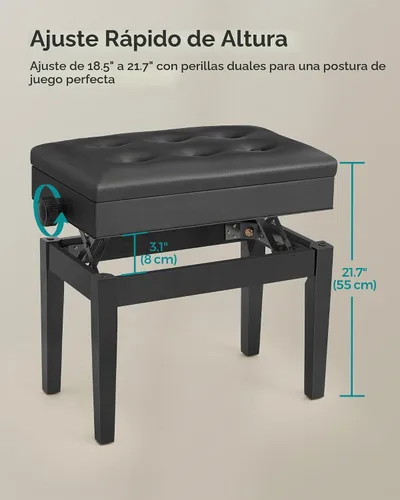 Vista 8 de SONGMICS Taburete ajustable de madera para piano con almacenamiento de partituras negro ULPB57H