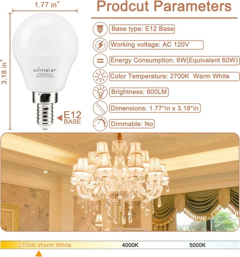 Vista 2 de comzler Bombillas LED A15 equivalentes a 60 W, blanco cálido 2700 K, bombilla redonda LED de base pequeña E12 para ventilador de techo,
