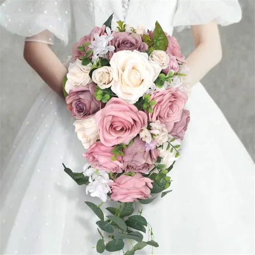Vista 7 de Ramos de boda para novia, ramo en cascada para novia, boda, flores artificiales, ramo romántico rústico de boda (ramo naranja champán)