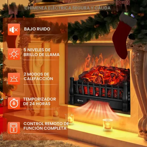 Vista 4 de Troncos Eléctricos para Chimenea Insertos Calentador con Control Remoto Infrarrojo 5 Niveles de Brillo de Llama Temporizador de 24 H Protección