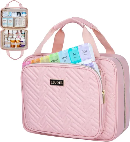 Vista 7 de Leudes Organizador de botellas de píldoras de viaje, organizador y almacenamiento de medicamentos, bolsa de medicamentos para el hogar, estuches