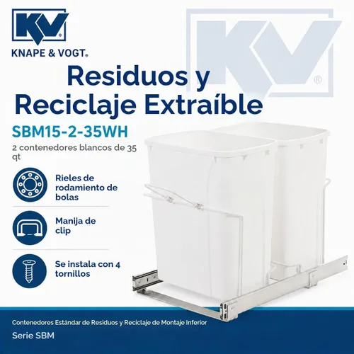 Vista 2 de Knape & Vogt Bote de basura extraíble de montaje inferior para gabinete Blanco - Tipo de deslizamiento de rodamiento de bolas