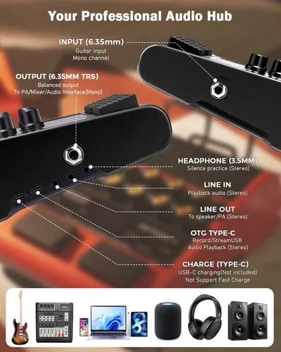 Vista 7 de JOYO Amplificador de Guitarra Eléctrica Portátil de 10W, Amplificador Combo de Pedal Multiefectos con Interruptor de Pie, 14 Modelos
