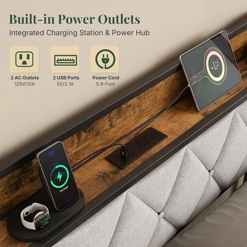 Vista 3 de Sweetcrispy Base de cama individual con cabecera tapizada, cabecera de almacenamiento con estación de carga USB, soporte de listones de metal