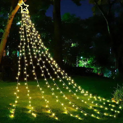 Vista 2 de Guirnalda de luces de Navidad en cascada con 317 luces LED de estrella colgantes centelleantes de cortina de hadas para fiesta, boda, patio Blanco