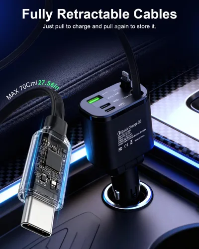 Vista 2 de Cargador de coche rápido 5 en 1 con puertos USB-A y USB-C, carga de alta velocidad de 75 W, cables retráctiles USB-C y Lightning, compatible