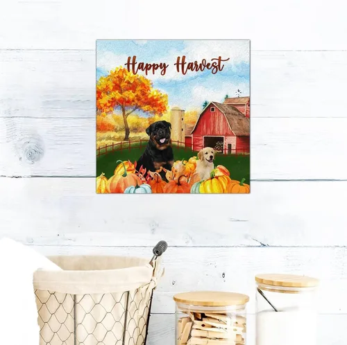 Vista 6 de Happy Harvest Labrad Doodle Dog Barn Wood Sign Fall Pumpkin Wall Plaque Pumpkin Farm Wood Panels Classic Home Wall Hanging Sign Decoration for Front