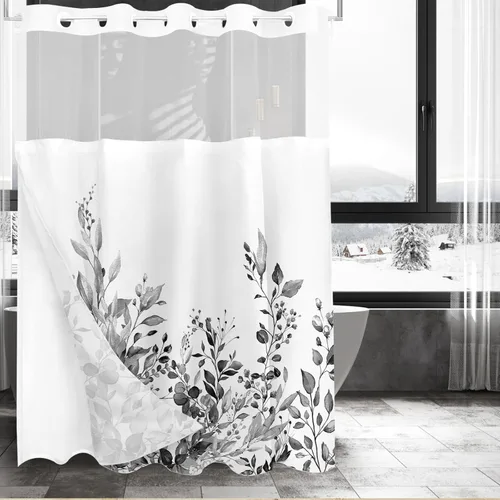 Vista 73 de Tititex - Juego de cortinas de ducha de eucalipto negro, hojas de acuarela gris en la parte superior, con decoración floral de baño, 60 x 72