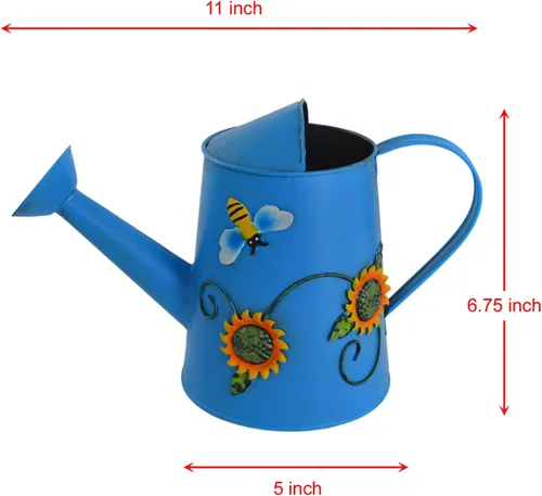 Vista 5 de Regadera decorativa de metal con girasol y abeja (vol: 4 tazas) Regadera azul pequeña Decoración de jardín Regalo de inauguración de la casa
