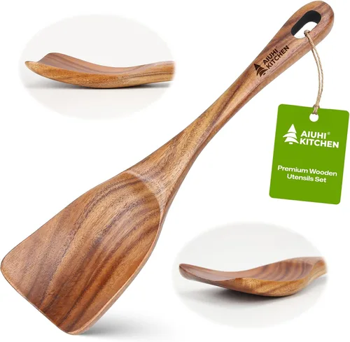 Vista 10 de Espátulas de madera, espátula de cocina plana antiadherente para cocinar, espátula de madera de teca para freír, voltear y girar
