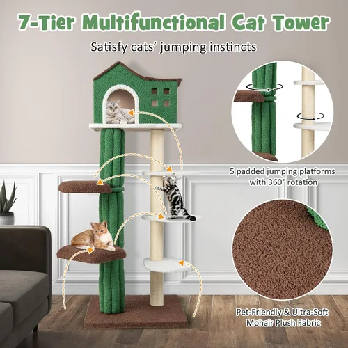 Vista 6 de Tangkula Árbol alto para gatos de interior, torre moderna de 7 niveles y 61 pulgadas con postes rascadores de sisal, condominio superior, tela
