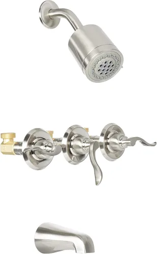 Vista 2 de Kingston Brass KB8238NFL Grifo francés para bañera y ducha con 3 manijas Nuwave, níquel cepillado NuWave french collection; Brass and engineering