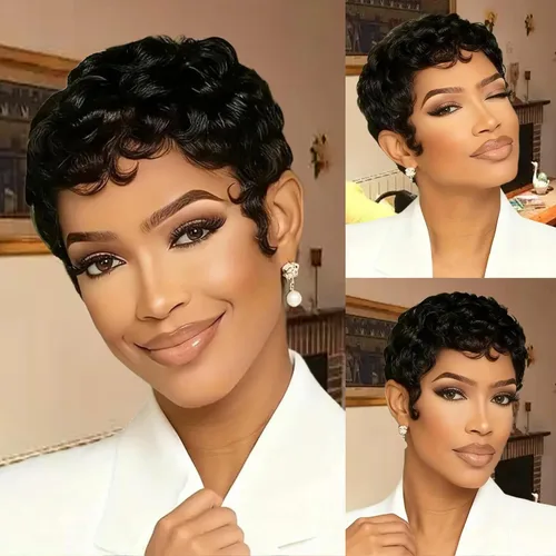 Vista 8 de YJOQOKOA Peluca corta de cabello humano estilo Bob para mujeres negras, pelucas de cabello humano con corte Pixie, sin pegamento, sin encaje
