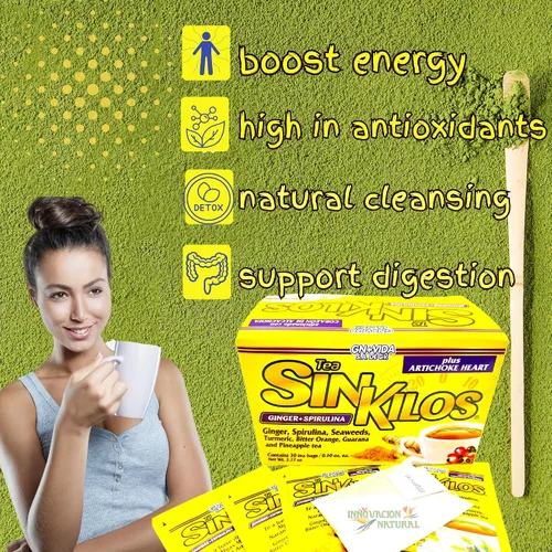 Vista 4 de SinKilos Detox Tea GN+Vida Potente té limpiador con jengibre, espirulina, cúrcuma naranja y piña fórmula antioxidante saludable, sin cafeína, todo