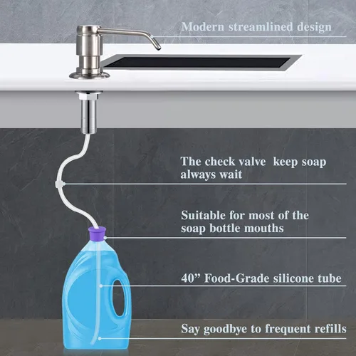 Vista 5 de GAGALIFE Dispensador de jabón para fregadero de cocina (níquel cepillado) y kit de tubo de extensión, cabezal completo de latón, tubo de silicona