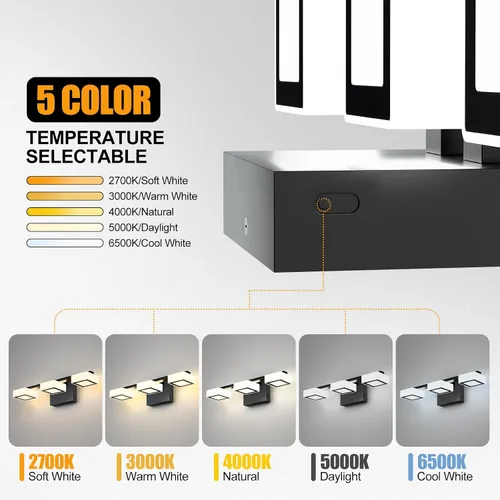 Vista 9 de Lámparas LED modernas para baño, 3 luces regulables con 5 modos de color, accesorios de iluminación de pared de baño acrílico negro mate sobre