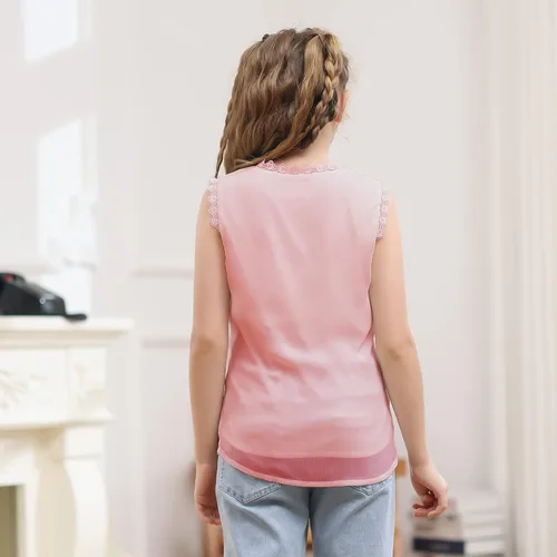 Vista 3 de Blusas de gasa de encaje de manga corta para niñas, sueltas, suaves, lindas, casuales, con cuello en V