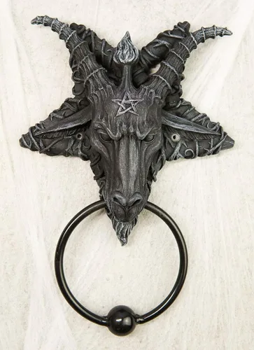 Vista 2 de Ebros Samael Lilith Baphomet de piedra sintética sabática de cabra de Mendes con cabeza en pentagrama invertido estrella para puerta de 6.5 pulgadas