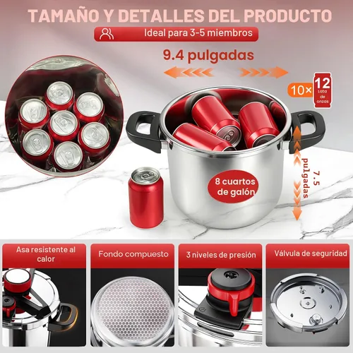 Vista 8 de Olla a presión de acero inoxidable 304 3 en 1 de 8 cuartos de galón