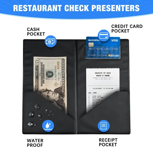 Vista 2 de Presentadores de cheques para restaurantes, libros de servidor para camarera, paquete de 5 tarjeteros de 10 x 5.5 pulgadas con impresión