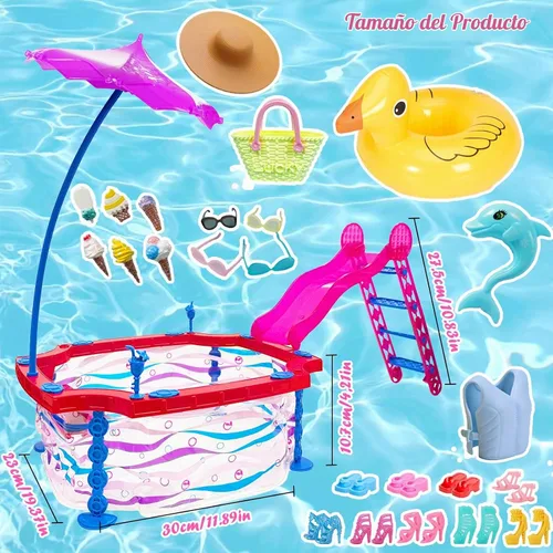 Vista 2 de Juego de 35 piezas para muñecas y piscina con chaleco salvavidas deslizante