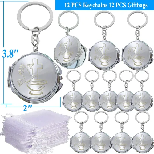 Vista 2 de 12 llaveros de espejo compacto para bautizo recuerdos, maquillaje de Espíritu Santo Compacto/Primera Comunión/Oro Plata/Recuerdos para Comunión