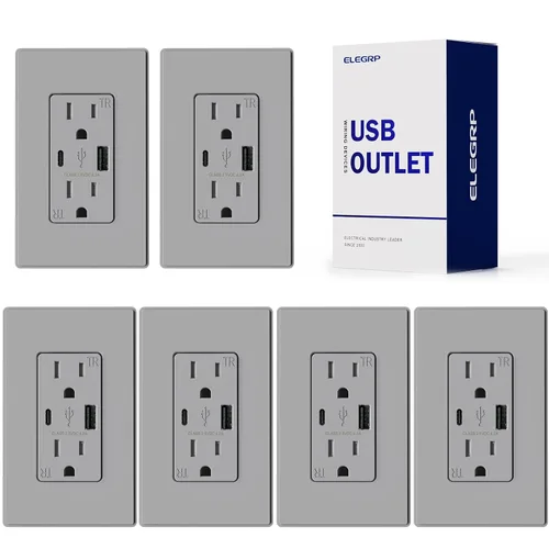 Vista 19 de ELEGRP Cargador USB de pared, receptáculo USB con puertos USB tipo A y tipo C, enchufe dúplex de 15 amperios resistente a manipulaciones NEMA 5-15R