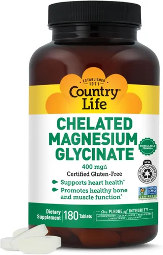 Vista 9 de Country Life Glicinato de magnesio quelado, 400 mg, magnesio de alta absorción para calma, relajación muscular, energía y apoyo óseo, certificado