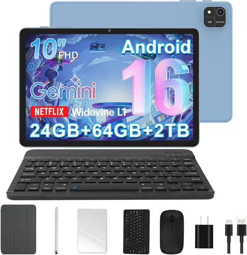 Vista 10 de Tablet Android 16, tableta de 10 pulgadas con teclado, Octa-Core, 24 GB de RAM 64 GB ROM 2 TB Expand, tabletas 2 en 1 con Gemini AI, 6000 mAh, WiFi