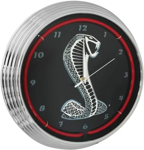 Vista 2 de Blue Oval Industries Mustang Cobra - Reloj de pared de neón rojo, 15 pulgadas