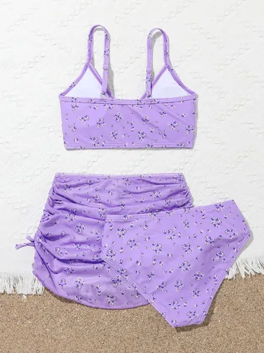 Vista 2 de WDIRARA Traje de baño de bikini de 3 piezas con estampado floral para niña con cordón lateral
