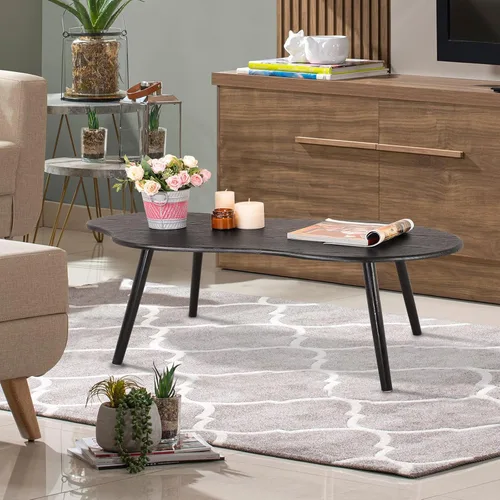 Vista 4 de Mesa de centro pequeña, mesa de centro de nube negra para espacios pequeños, mesa central moderna única e irregular con patas de madera, mesa