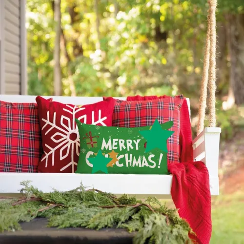 Vista 4 de Funda de almohada con texto en inglés "Merry Christmas", color verde, decoración de Navidad, funda de cojín de lino, 12 x 20 pulgadas