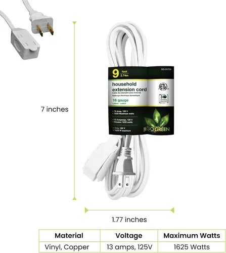 Vista 2 de GoGreen Power (GG-24709) 16/2 9 pies - Cable de extensión para el hogar, 3 tomas, blanco, 9 pies (Paquete de 2)