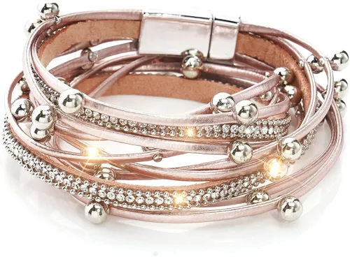 Vista 9 de Suyi Pulsera trenzada de cuero multicapa para mujer, con hebilla magnética Perla Caqui1