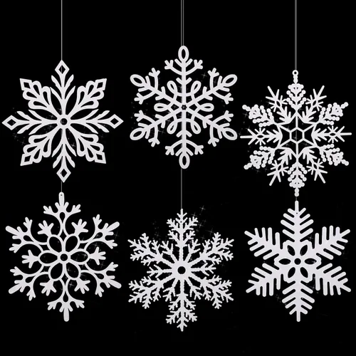 Vista 13 de Sratte 24 adornos de copo de nieve grandes de 16 pulgadas, copos de nieve colgantes decorativos con purpurina gigante, 6 diseños de adornos