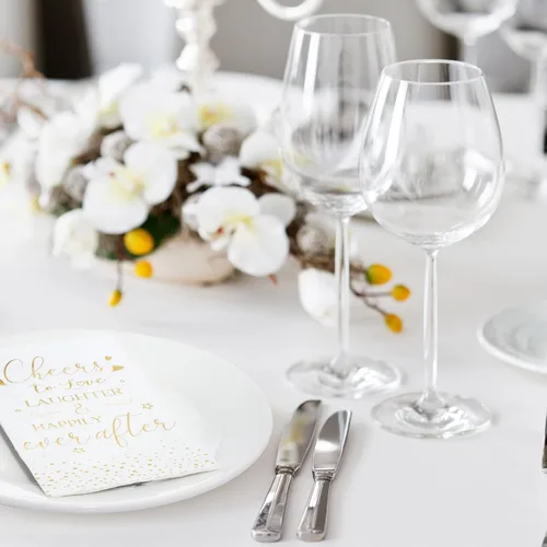 Vista 5 de Pasimy 50 servilletas de despedida de soltera con texto en inglés "Cheers to Love Laughter and Happily Ever After" (Dorado)